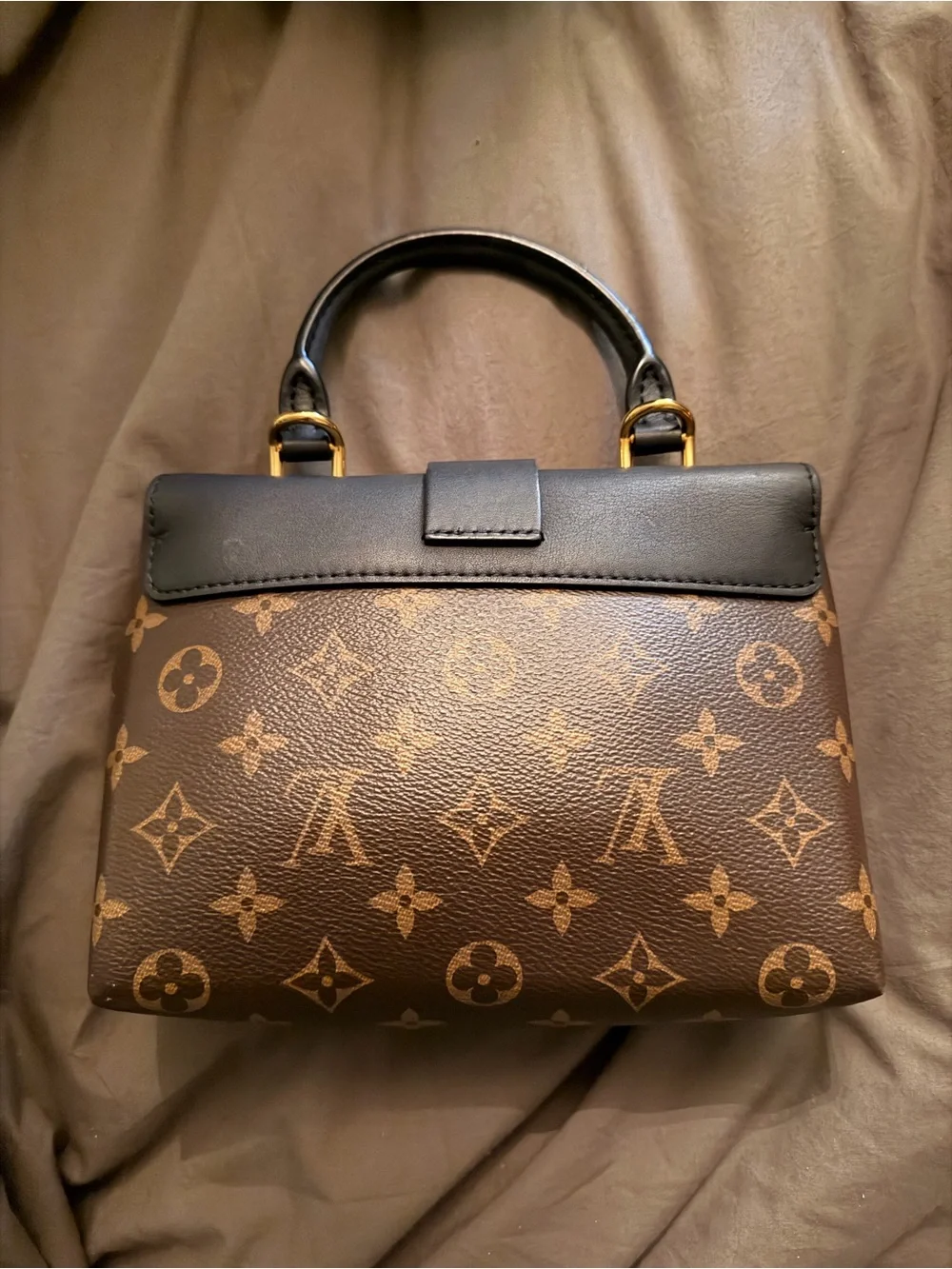 Louis Vuitton Brown Monogram Satchel with Black Flap and Gold Lock